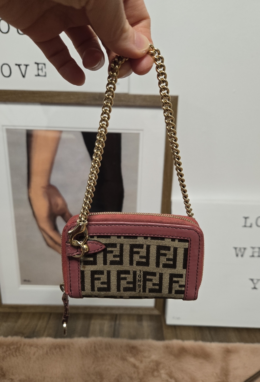 Fendi Pink Logo Canvas Wristlet with Gold Chain